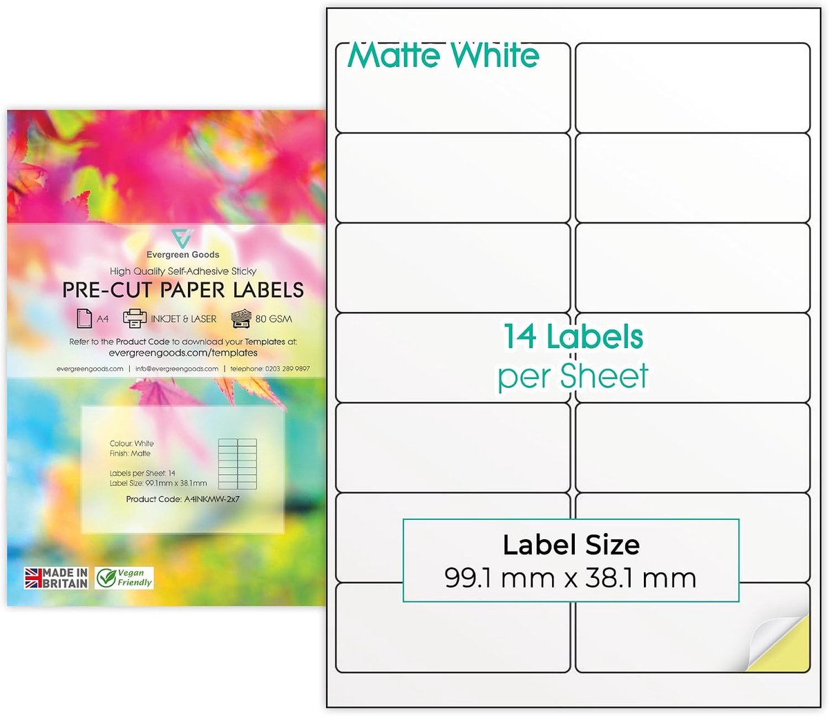 Evergreen Goods A4 Pre-Cut Multi Sticker Labels Matte White - 420 Labels in Total - 2 x 7, 14 Per Sheet, 30 Sheets - ShopVlot