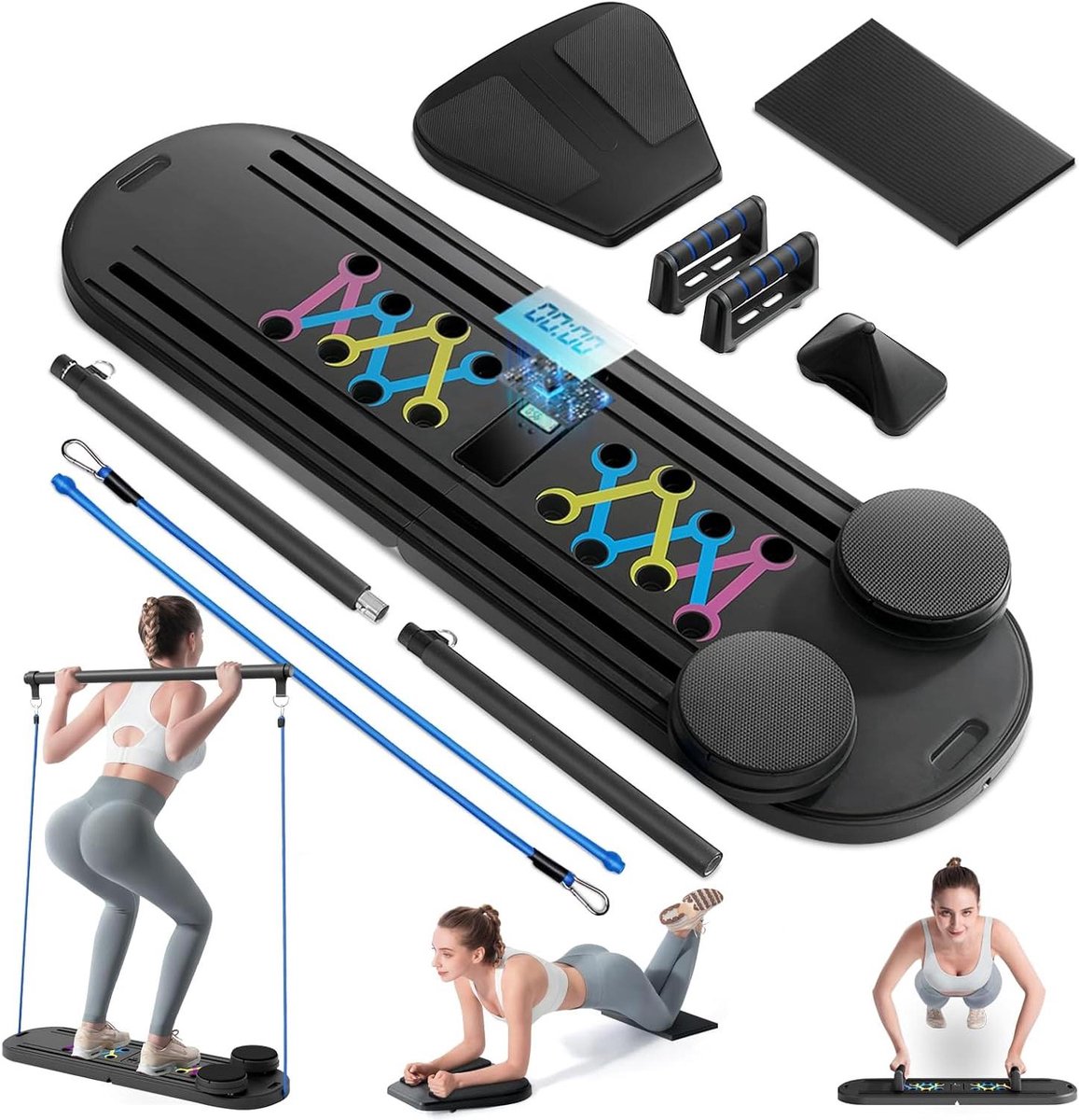 Pilates Hervormer - Fitnessbord - Lichaamstraining Thuis - 6-in-1 Multifunctioneel - 53.5 x 16 x 38.5 cm - Zwart