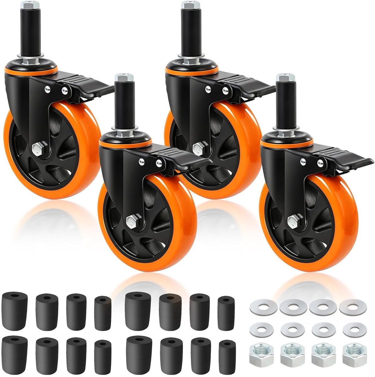125 mm zware wielenset met rem, oranje, 10,2 cm, 700 kg draagkracht, geschikt voor buispoten van 23 mm/28 mm/34 mm/40 - ShopVlot