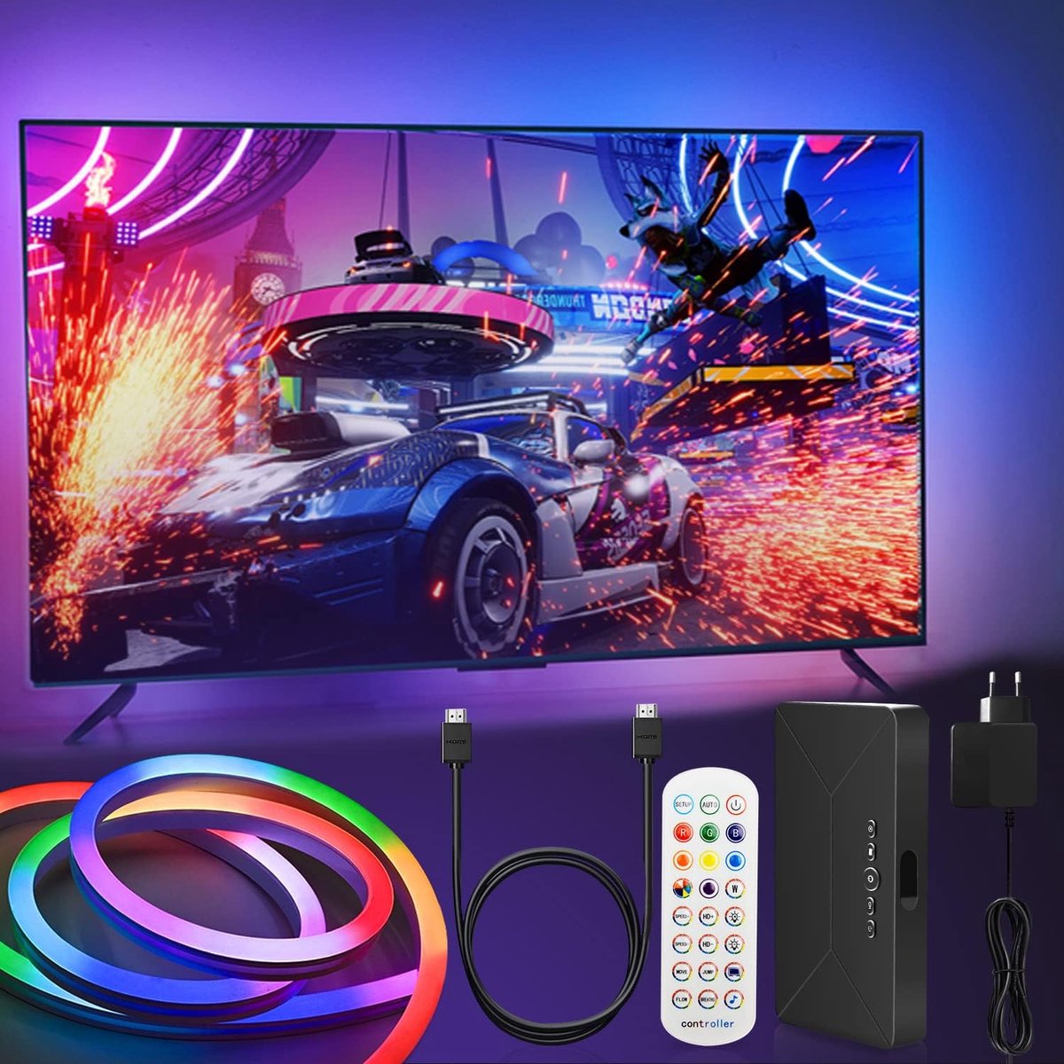 RGBIC Neon LED Bands 4 m HDMI 2.0 Sync Box DIY Colour Changing for 32-100 Inch TV and PC for Ceiling, Kitchen, Games - ShopVlot