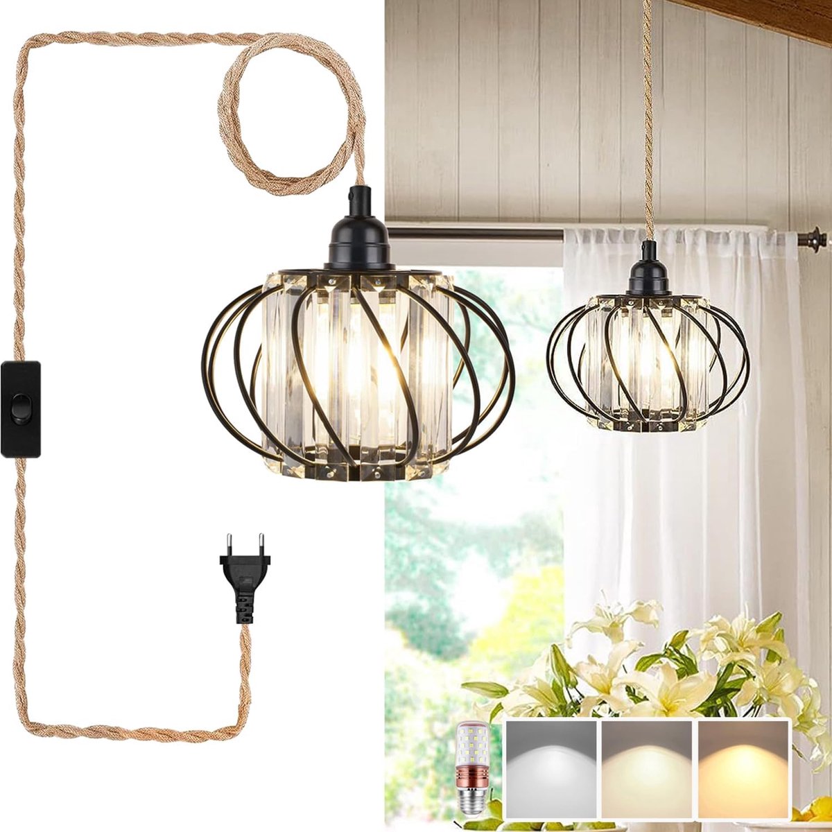 Pendant Light Set with Plug E27 Retro Kitchen Pendant Lamp Cable with 5 m Cable Dimmable Plug in Pendant Light Black - ShopVlot