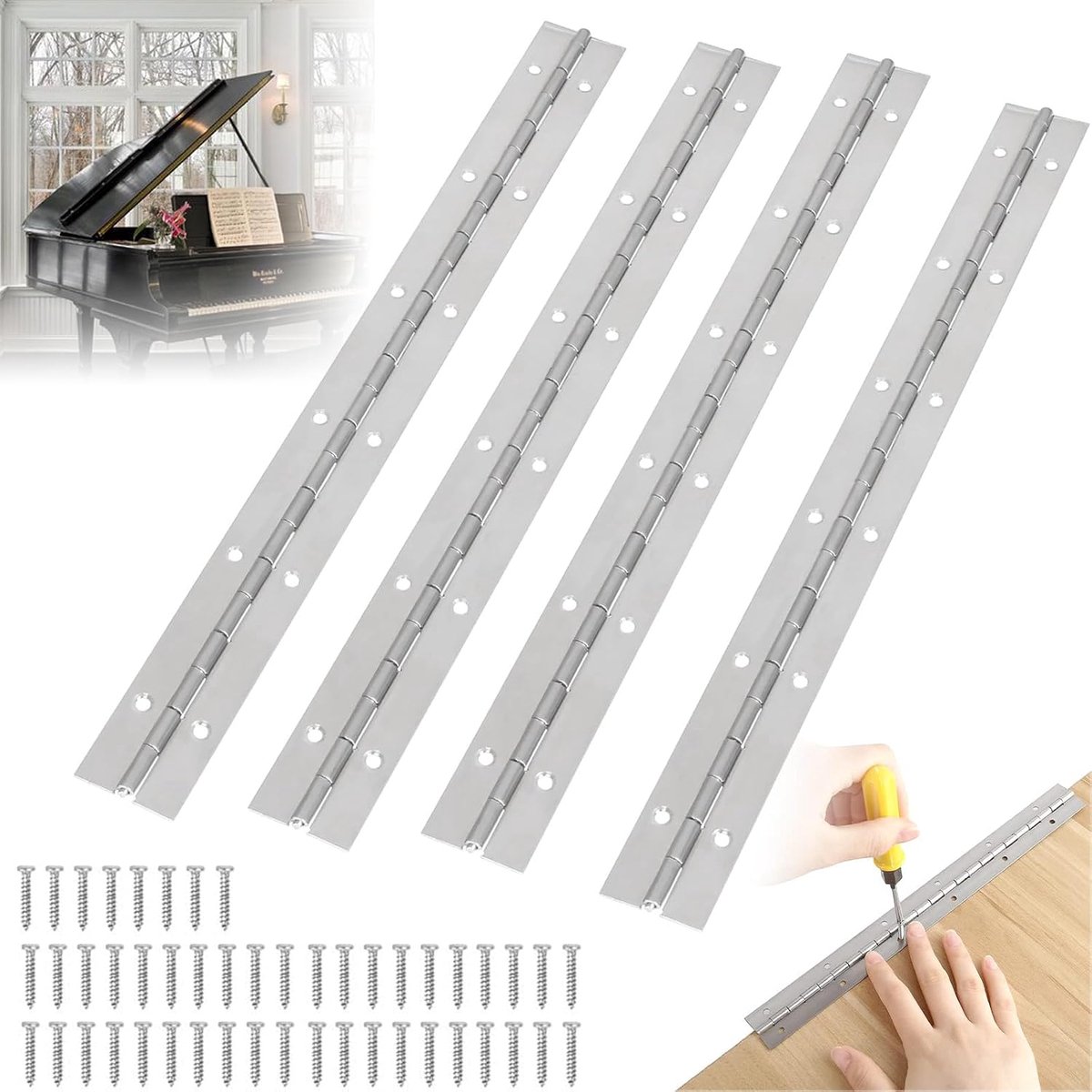 30cm Piano Hinge, 4 Pieces Stainless Steel Metal Piano Hinge with Holes, Heavy Polished Stainless Piano Hinges for - ShopVlot