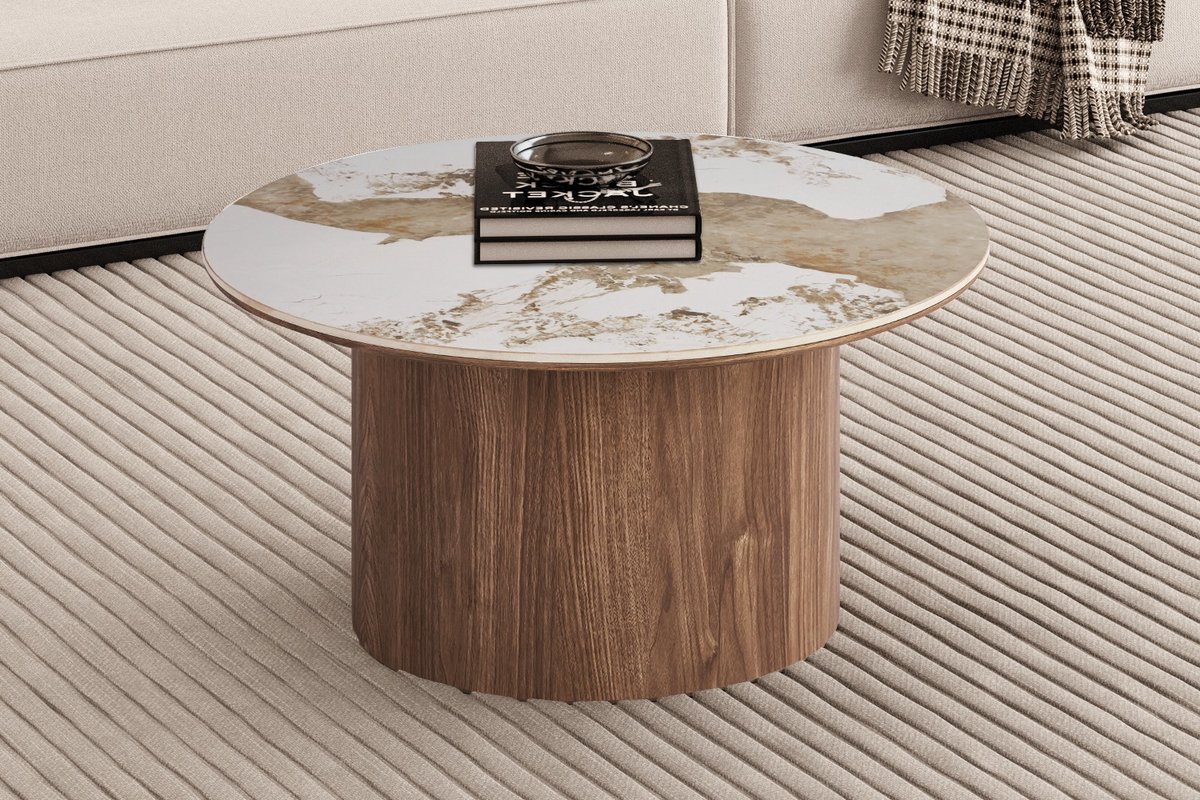 Evora Ronde Salontafel – Ø80 x H40 cm – Glanzend Stenen Blad met Goudbruine Marmerlook – Houtlook