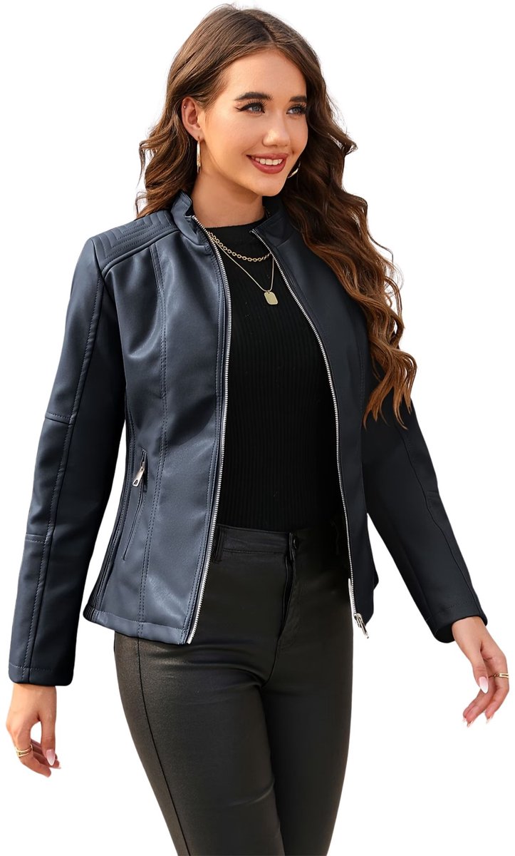 Currero Kunst Leren Jas Leather Jacket Lederen Jas Bomberjack Pilotenjack Blazer Biker Motorjas Motormuis Dames Zee Blauw