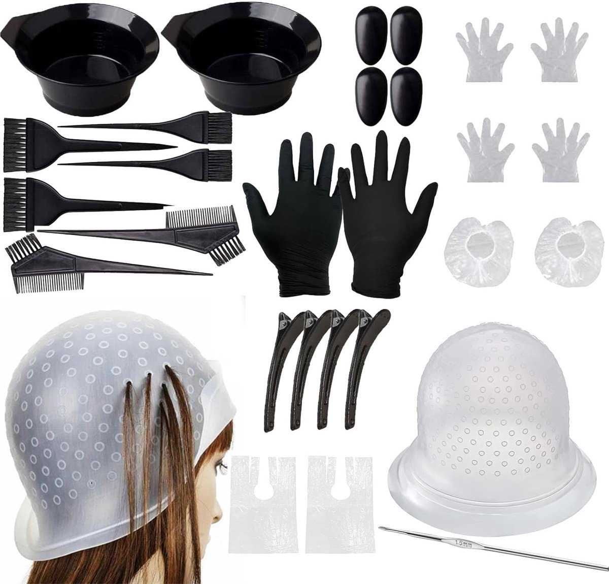 25 Piece Hair Dye Set,Silicone Hair Dye Caps,DIY Hair Dye Coloring Brush Salon Tool,Hair Hood With Holes Brush - ShopVlot
