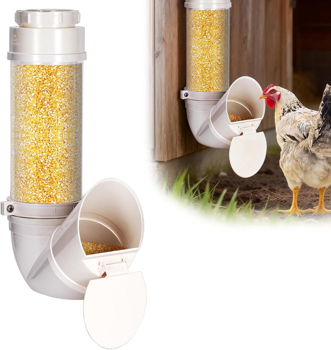 Automatische Voerdispenser voor Kippen en Watervogels, 3 kg Capaciteit, PVC Buizen, Inclusief Regenbescherming en Geen Gravitatie Voeding