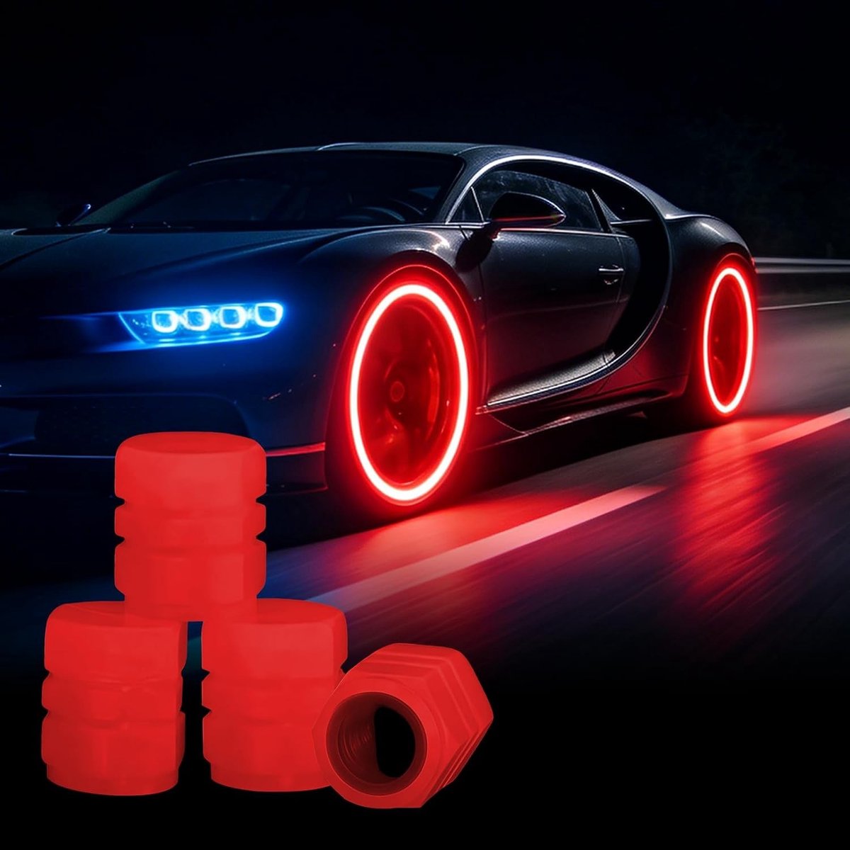 Set van 4 Fluorescerende Ventieldoppen voor Auto Banden - Verlichte Wielen, Glow in the Dark Stofkappen voor Truck, SUV, Motor en Fiets Decoratie (Rood)