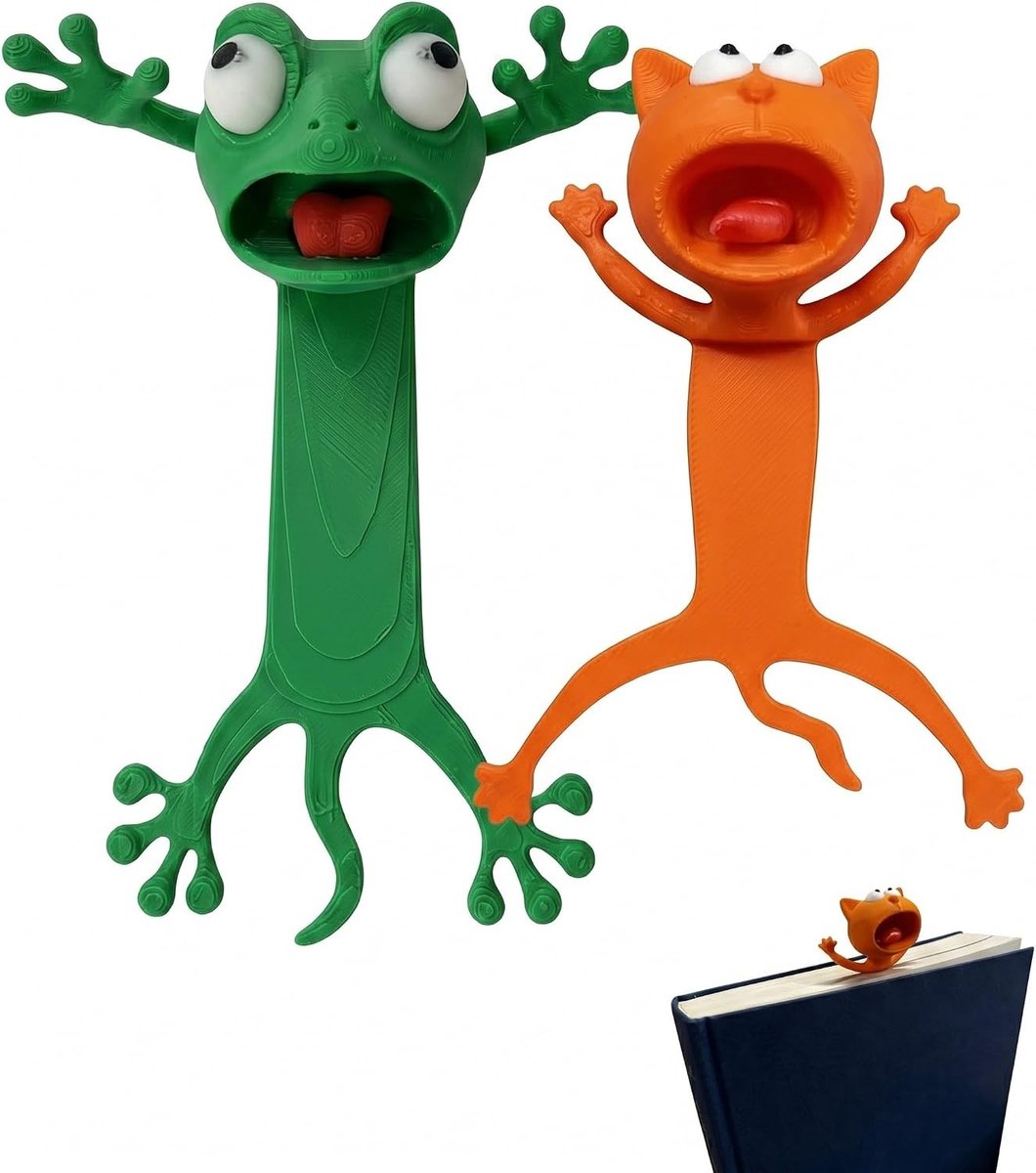 3D Boekenleggers Set van 2, Kat en Kikker Ontwerp, Duurzaam Hard Plastic, Ideaal voor Boekenliefhebbers en Studenten