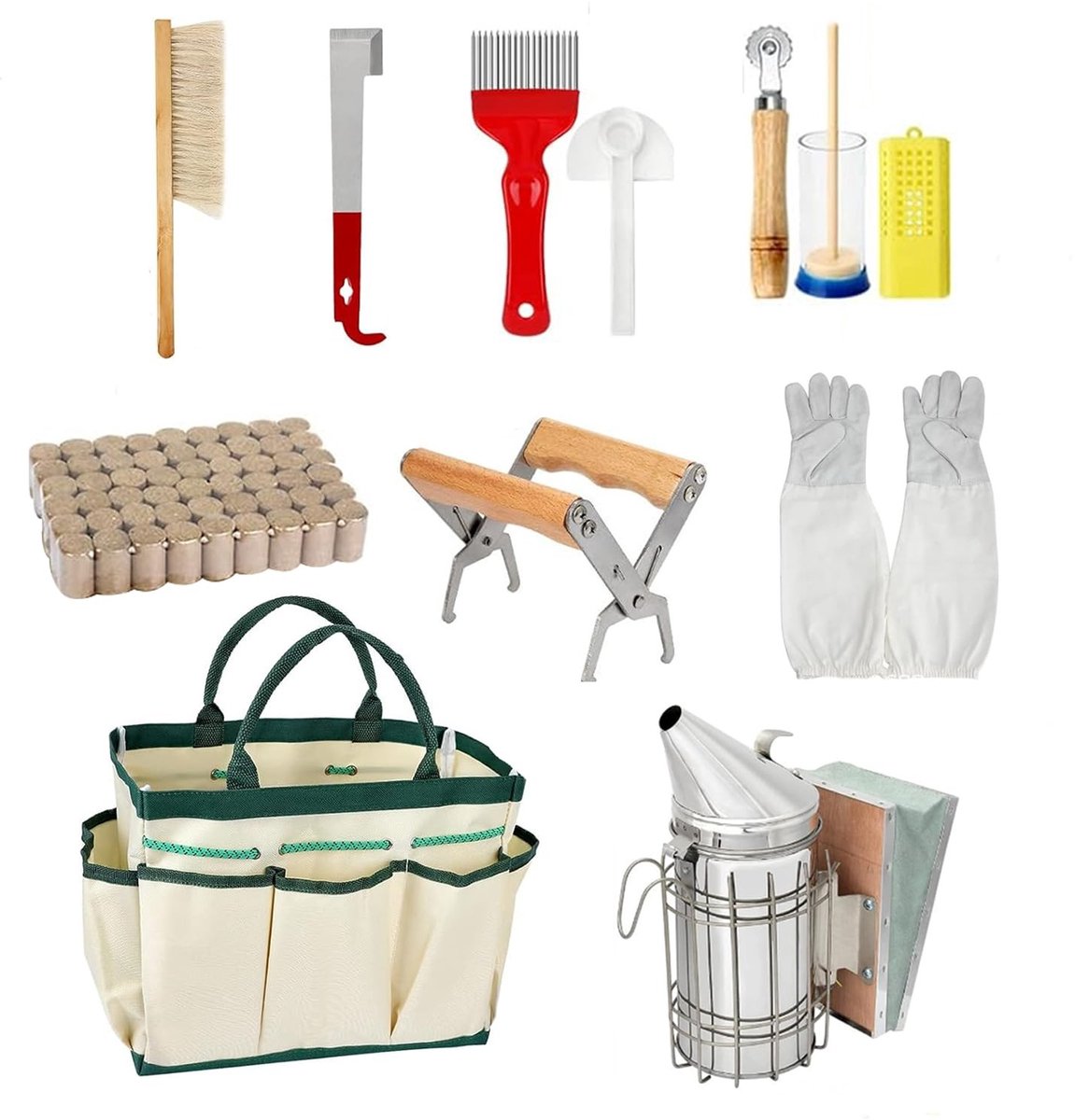 Complete 12-delige Bijenhouder Starterset met Bijenhoudersgereedschap, Bijenborstel en J-Haakjes voor Beginners