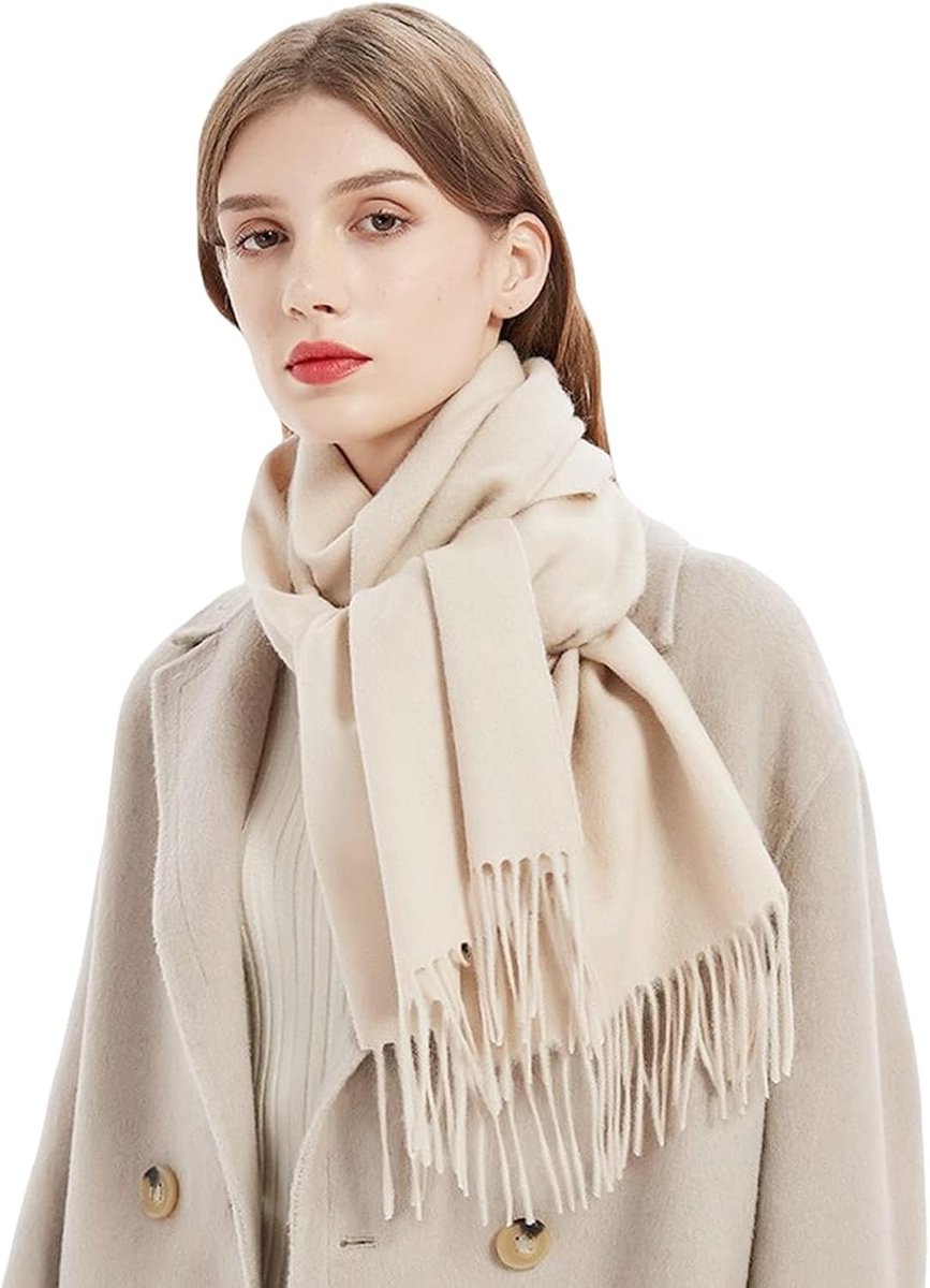 Winterse Sjaal voor Dames van Cashmere en Wol, Zachte Lange Pashmina met Franje, Warm en Stijlvol voor Koude Dagen, melkachtig wit