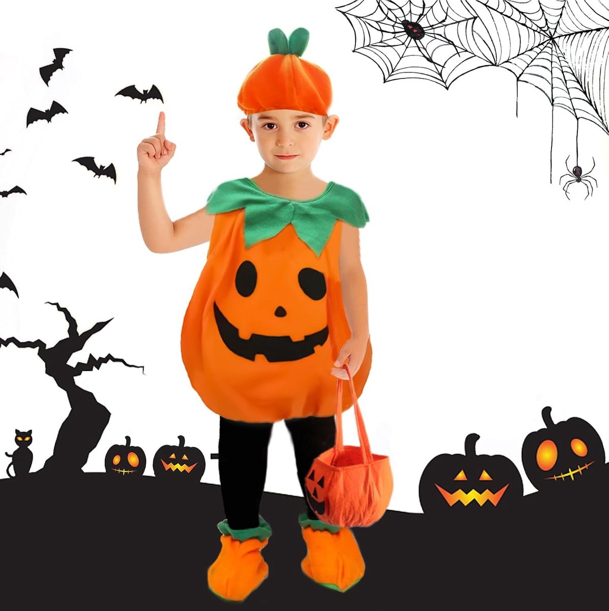 Halloween Pompoen Kostuum voor Kinderen met Snoeptas - Leuk Halloween Outfit voor Jongens en Meisjes, Perfect voor Feestjes en Cosplay