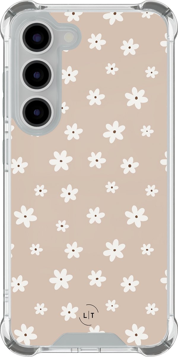 Shockproof hoesje - Geschikt voor Samsung Galaxy S23 - Cute flowers - Extra sterke case - TPU/polycarbonaat - Bloemen - Beige, Transparant