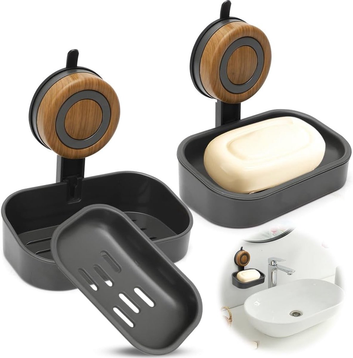 Set van 2 Zuignapzeepdispenser, Muurbevestiging zonder Boren, Waterdicht en Verwijderbaar, Ideaal voor Douche en Keuken, Handig en Ruimtebesparend