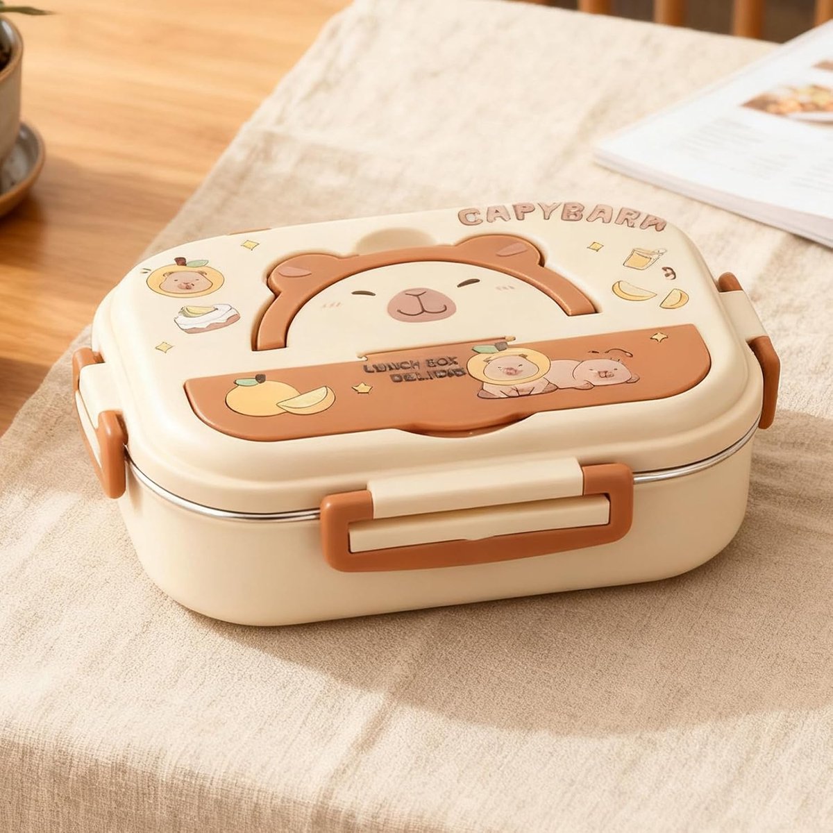 Casalora Lunchbox—Capybara Roestvrijstalen Bento Box—Drie Vakken—Lekvrij—Inclusief Bestek—Draagbaar—Geïsoleerde Tas—Perfect voor Picknicks, Kamperen, Reizen en School — cadeau in Koken & Dineren - foto 7