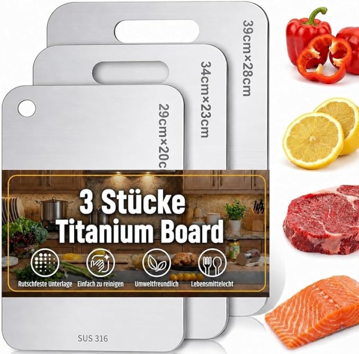 3 stuks titanium snijplank 304 roestvrij staal - 19 x 29,5 cm, 23,5 x 32,5 cm en 27,5 x 39 cm - antibacterieel RVS snijplanken voor keuken, buiten, camping en wandelen - vaatwasserbestendig - sans marque