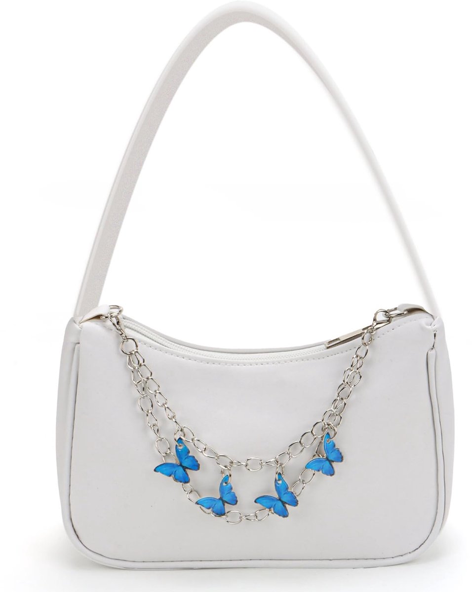 Schoudertas voor meisjes 10-12 jaar - witte PU-leer - met vlinderketting - trendy handtas voor kinderen - ShopVlot
