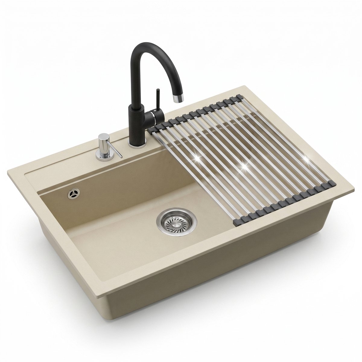 Inbouw granieten spoelbak Gurari SQQ103-113W – Crème, incl. sifon, 795 × 505 mm+ 5523-601 Messing Keukenkraan, Messing Kraan + RM-2845 Oprolbare afdruipmat, siliconen + roestvrij staal, 285 × 450 mm