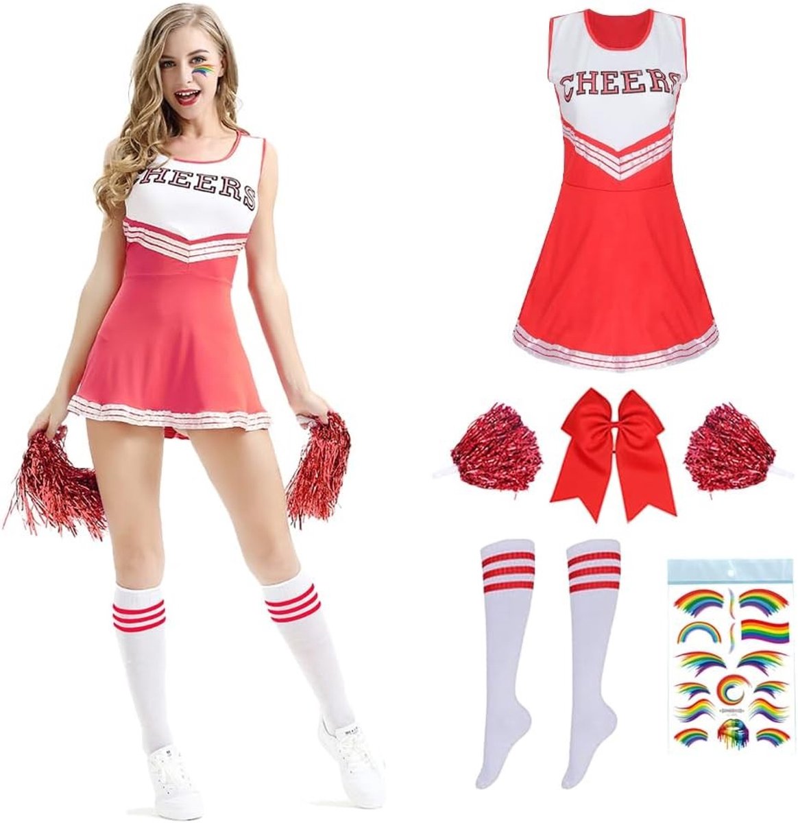 Volwassen Cheerleader Kostuum met Pompoms voor Feest, Cosplay en Themafeest - Perfect Cheerleading Outfit voor High School Musical Fans