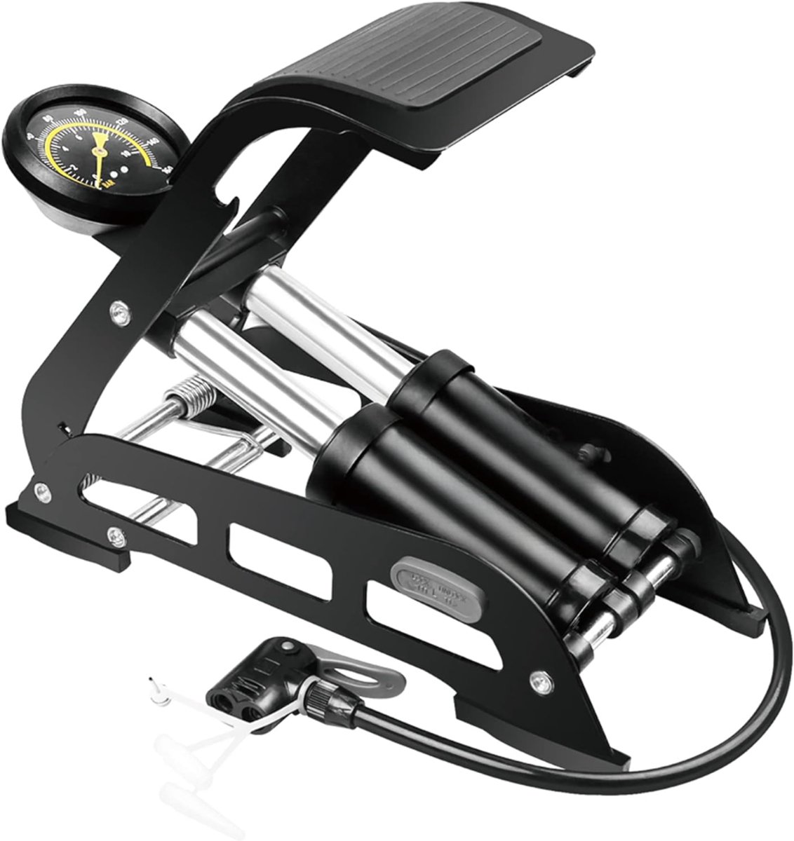 Allvia® Fietspomp met Drukmeter - Fietspomp Klein - Voetpomp - Dubbele Cilinder Voetpomp - Dubbele Cilinder - Zwart - 31cm x 14cm x 10cm