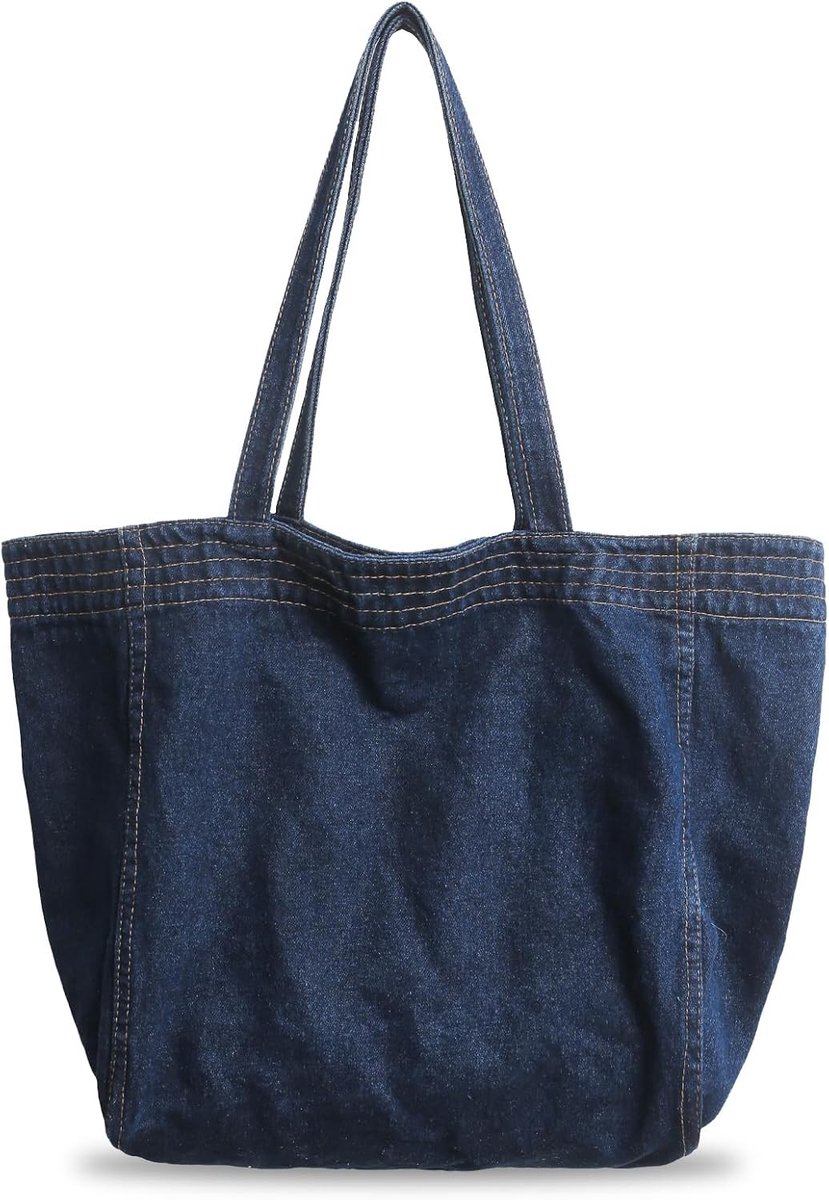 Grote Dames Shopper Tas van Denim en Canvas met Rits, Perfect voor School, Werk en Winkelen
