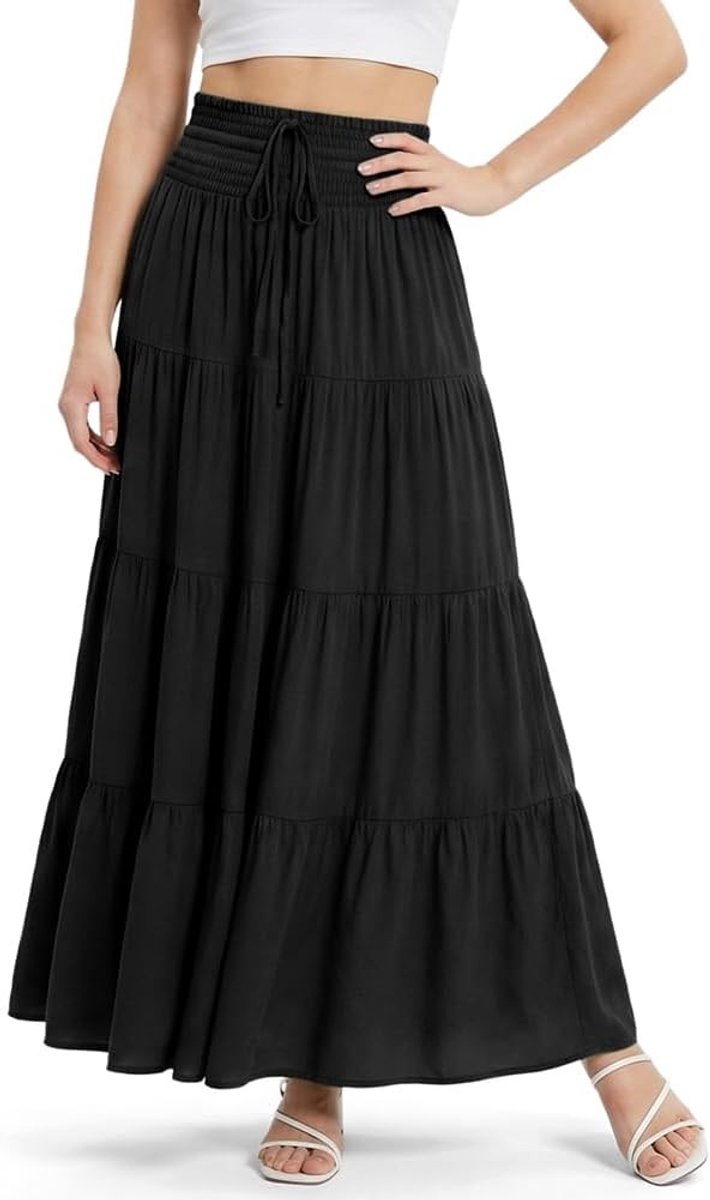 Vloeiende A-lijn Maxi Rok voor Dames met Elastische Taille en Touwtjes, Casual Boho Stijl voor Strand en Dagelijks Gebruik