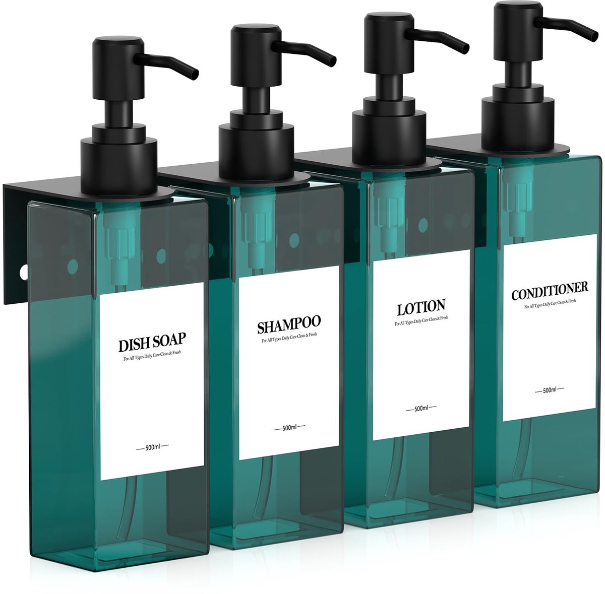 Set van 4 zeepdispensers voor wandbevestiging, 500 ml, blauw, zeepdispenser voor badkamer, zonder boren, kunststof - ShopVlot