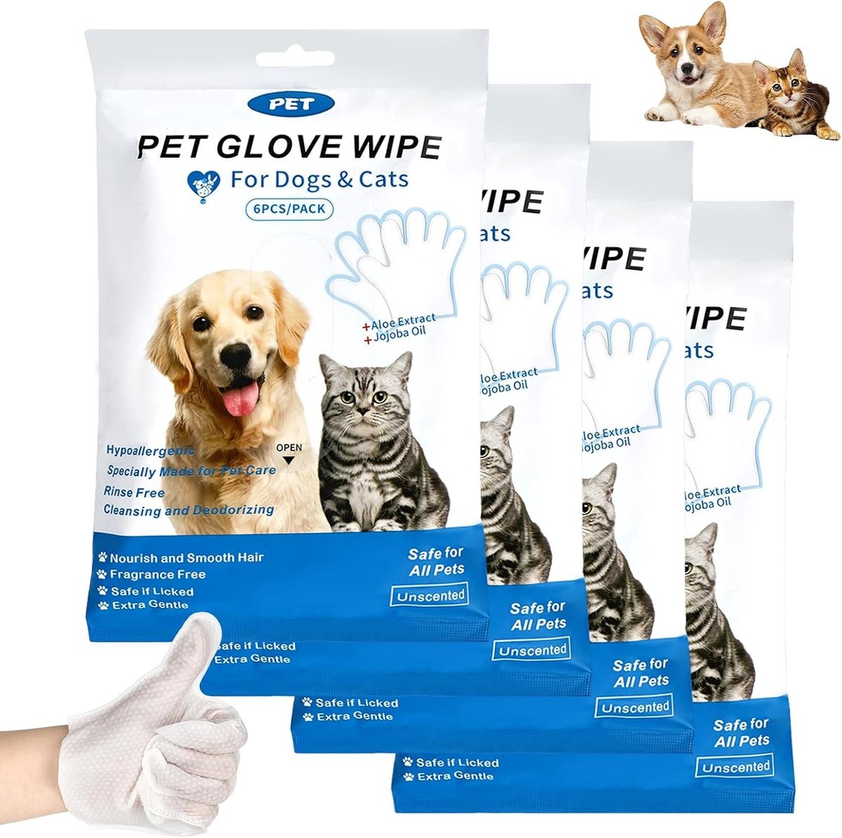 24 stuks handschoendoekjes voor huisdieren, vachtverzorging en reiniging van poten en haren voor honden en katten