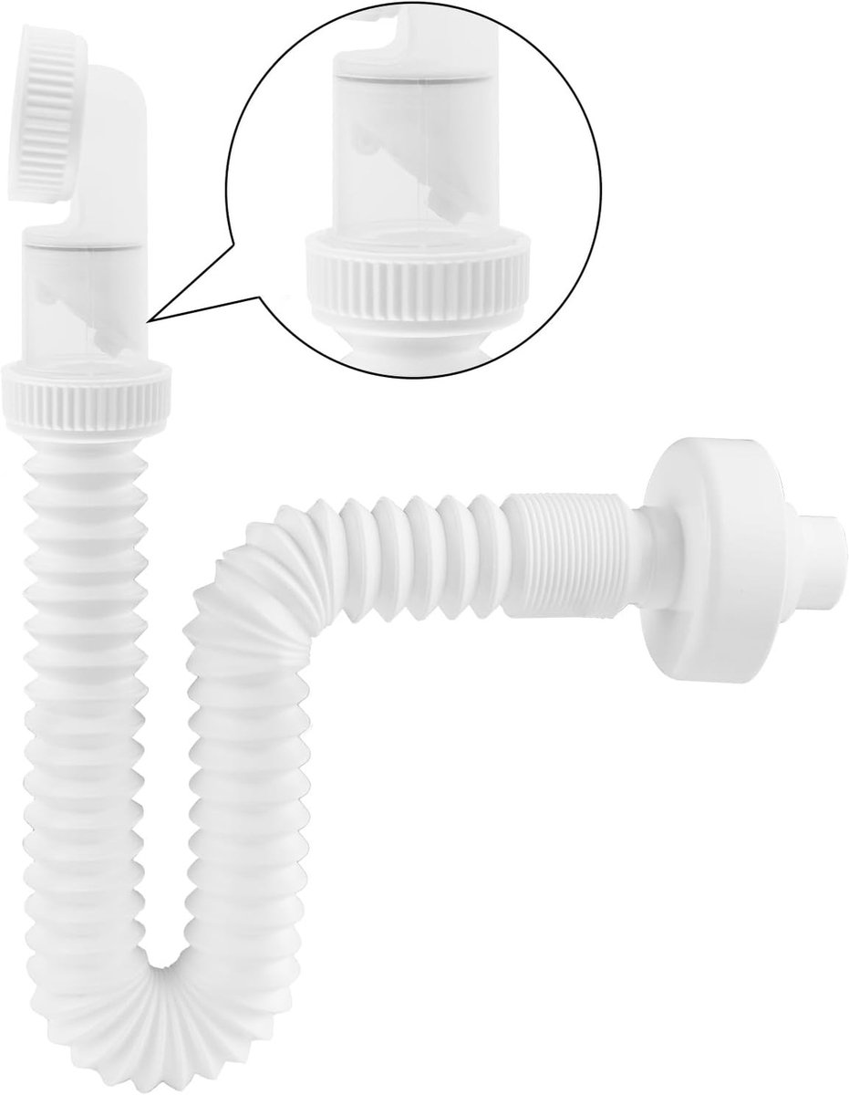 Ruimtebesparende 1 1/4 inch sifon voor badkamerafvoer met 360 graden verstelbare afvoerslang en eenvoudig te installeren ontwerp