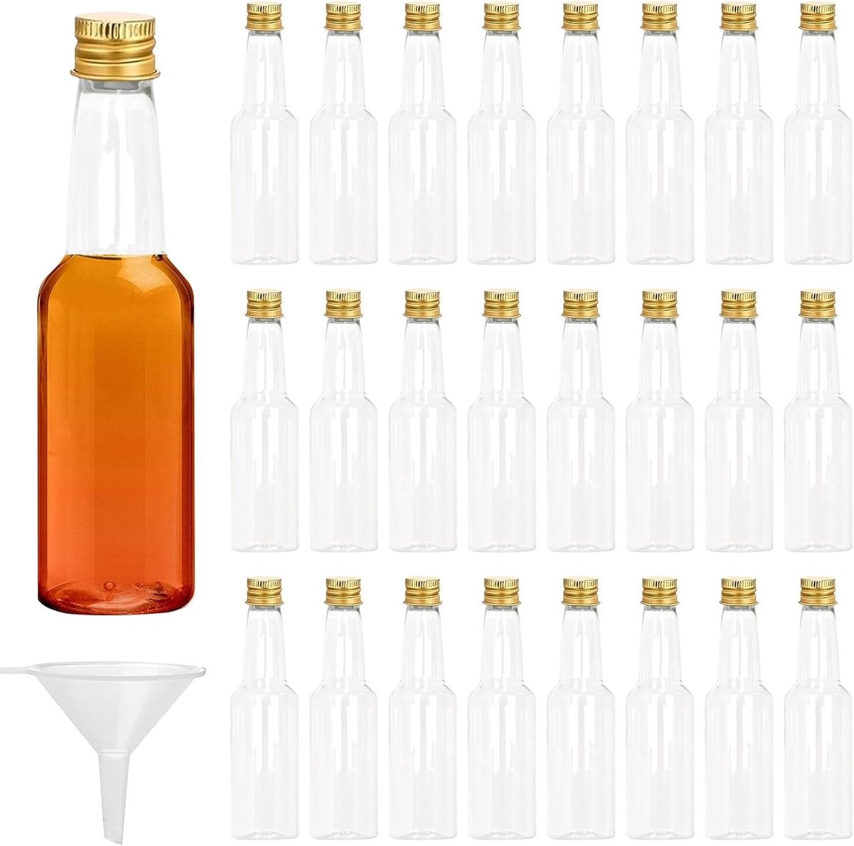 Set van 24 Lege Mini Flesjes van 100 ml - Plastic Miniatuur Flesjes met Dop en Trechter voor Drankjes, Sauzen en Feesten