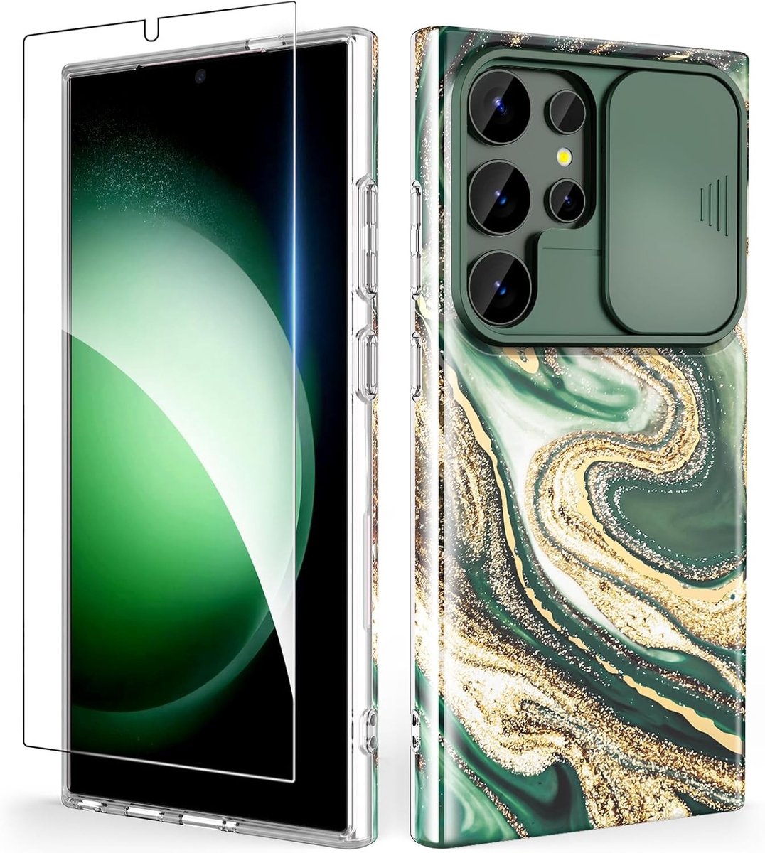 Compatibele case voor Samsung Galaxy S24 Ultra met schuifcamera, schermbeschermer en schokbestendige TPU-constructie in zandgroen, anti-kras en duurzaam