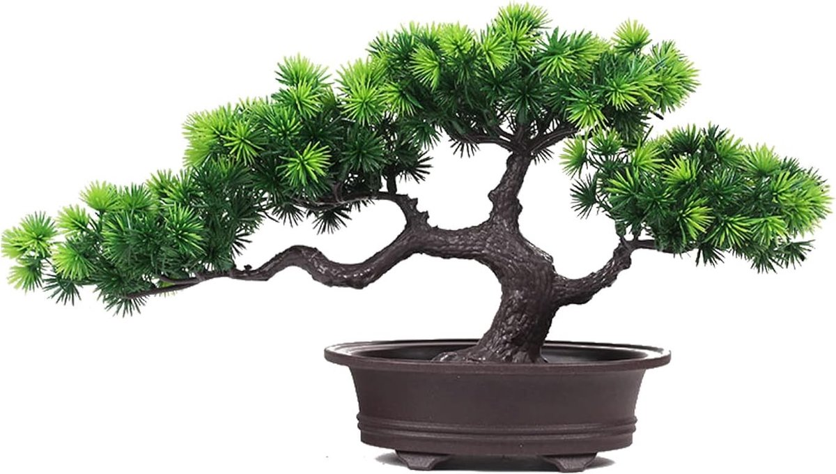 Kunstmatige bonsai dennenboom in pot, nepplant voor huisdecoratie, creatieve simulatie met groene bladeren en bloemen, ideaal voor interieurstyling
