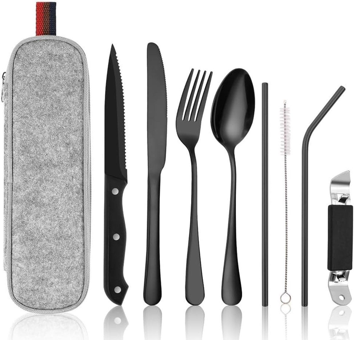 Compleet 9-delige camping bestekset van roestvrij staal voor reizen en buitenactiviteiten met draagtas, inclusief vork, lepel, steakmes, rietje, schoonmaakborstel en flesopener.