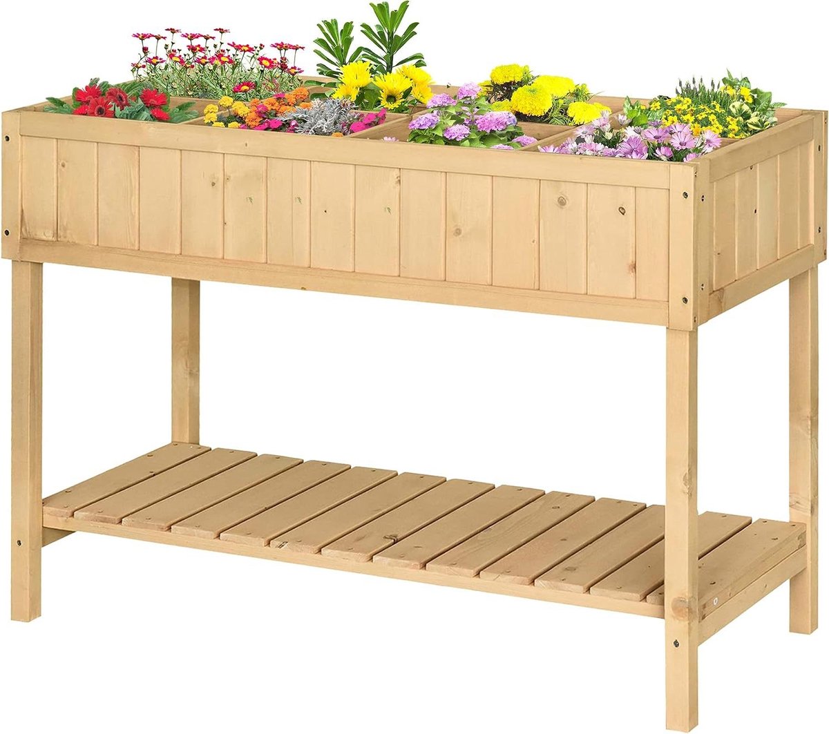Plantenbak Verhoogd - Kweektafel Bloembak - Tuinieren Balkon - Acht Vakken Afvoer - 120 x 60 x 81 cm - Naturel