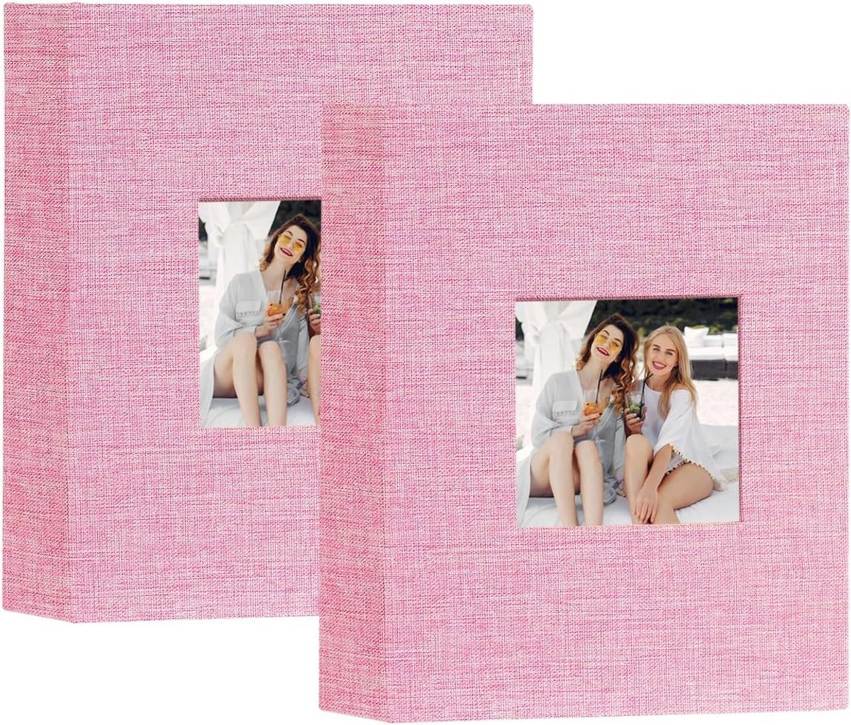 Klein Fotoalbum met 50 Pockets, 2 Stuks, Slip-in Toploader voor 100 Verticale Foto's van 10x15cm, Ideaal voor Familie, Bruiloft en Babyherinneringen (Roze)
