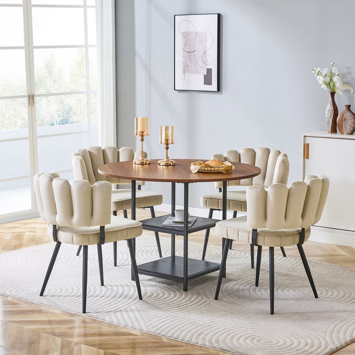 Wishdor Ronde eettafelset met 4 stoelen - Walnootlook en zwarte metalen poten - Dubbele opberglaag - Modern - Voor kleine ruimtes - Lichtbruin - 107 cm