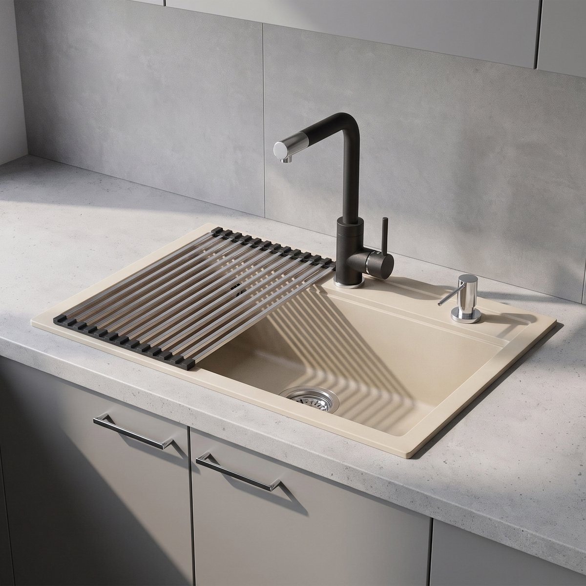 Inbouw granieten spoelbak Gurari SQQ103-113W – Crème, incl. sifon, 795 × 505 mm, enkele spoelbak + 5553-601 Messing Keukenkraan+ RM-2845 Oprolbare afdruipmat, siliconen + roestvrij staal, 285 × 450 mm