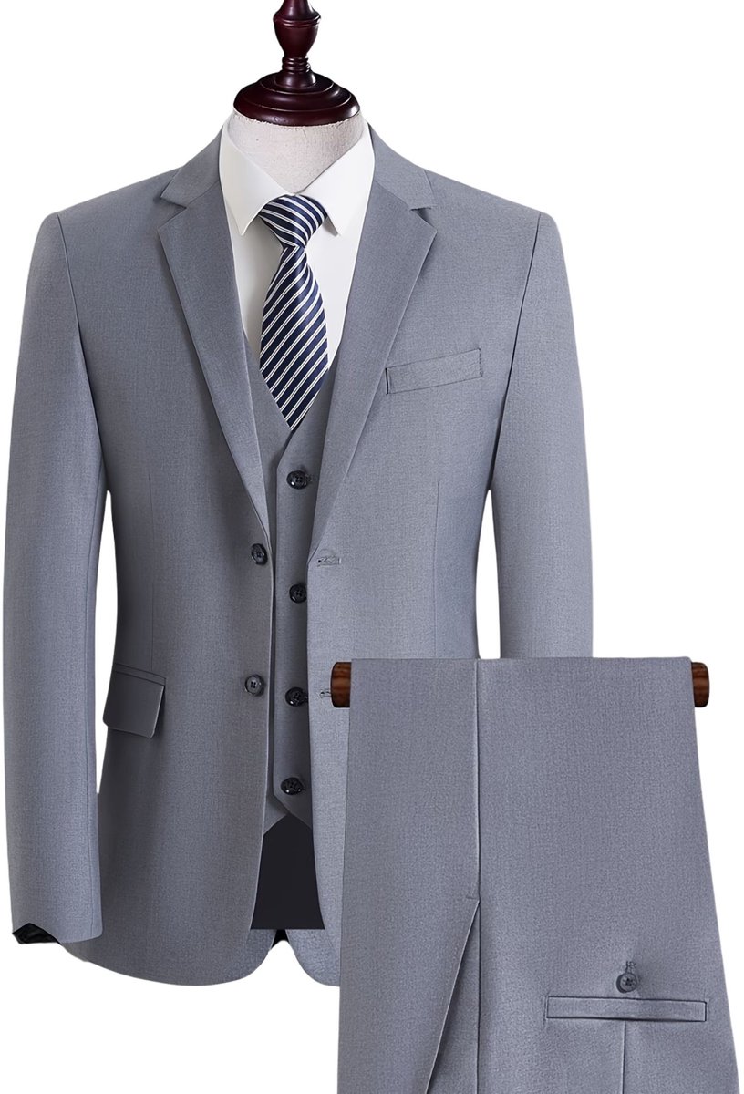 Currero 3 Delig Herenpak Met Overhemd - Suit 2 Delig - Tailored Fit Kostuum - Business Pak - Trouwpak - Smoking - Tuxedo Stijl - Bruiloft, Kantoor & Feest - Grijs S