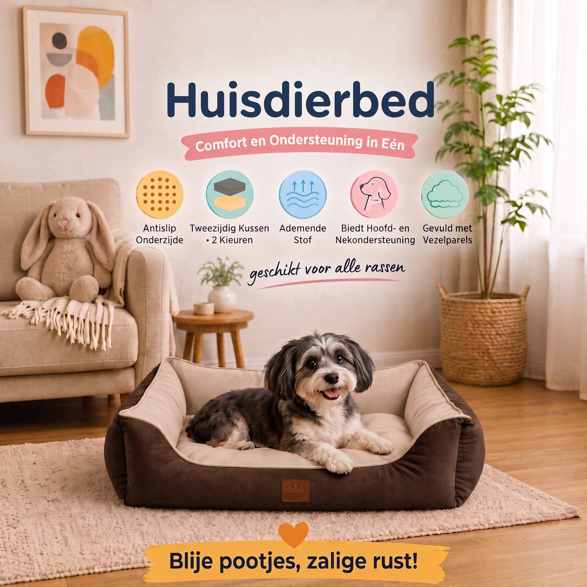 INDECOR Hondenbed - Hondenkussen - Wasbaar Hondenbed met Antislip Bodem - Zacht & Comfortabel Hondenkussen - Hondenmand voor Kleine & Middelgrote Honden - Bruin-Beige