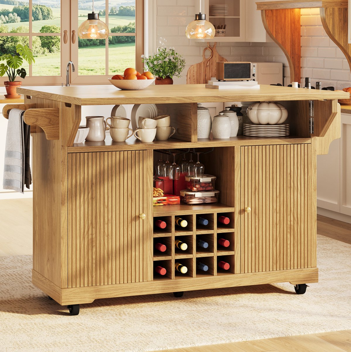 STILVORA Bijzettafel - Opklapbare Keukeneiland Met Opbergruimte En Wijnrek - Verrijdbaar Voor Keuken En Eethoek - MDF - 142,5x80x95 Cm - Naturel