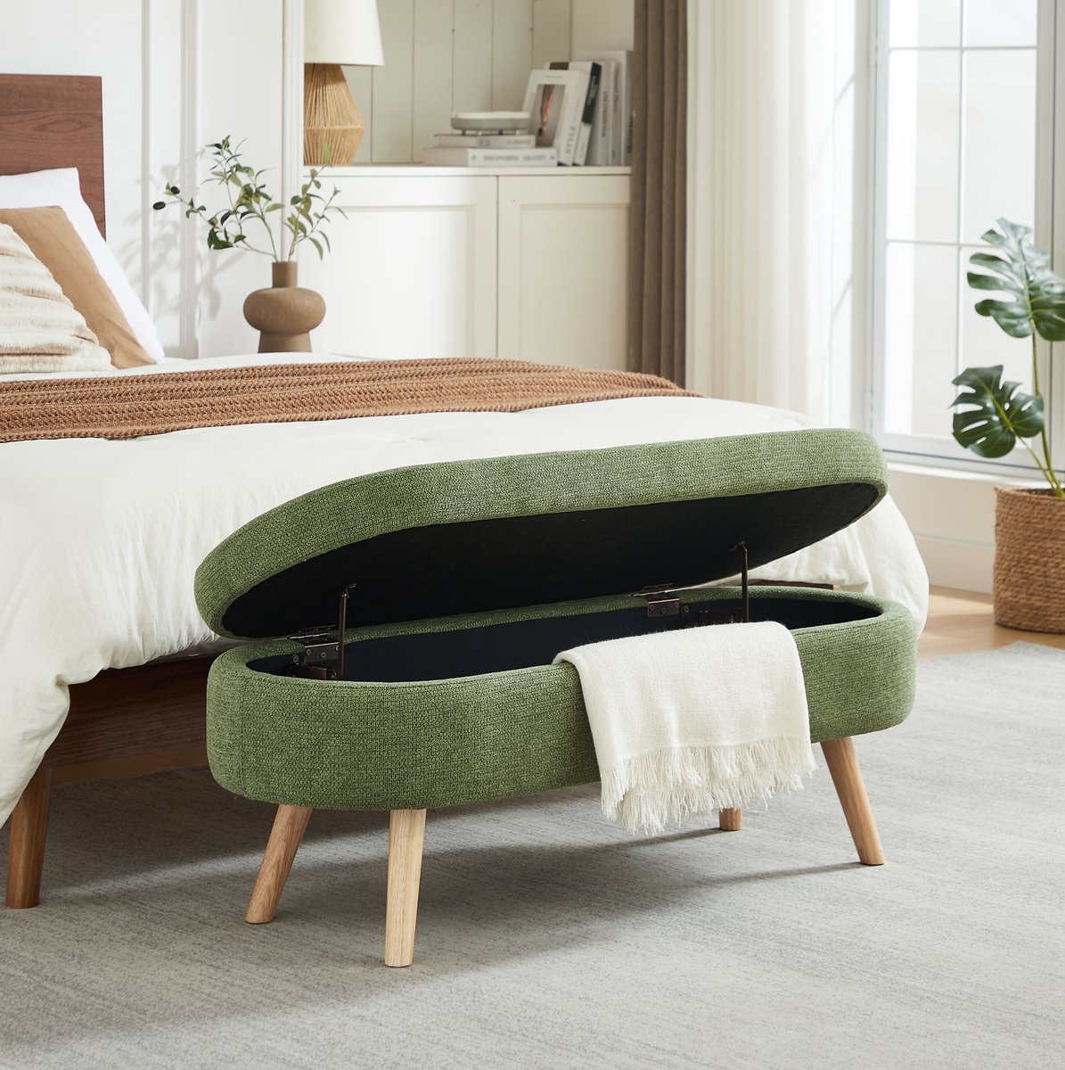 HAUSS SPOLE Opbergbank - Bankje Met Opbergruimte En Ventilatiegaten - Voor Slaapkamer Hal Of Woonkamer - Chenille Groen - 110 Cm