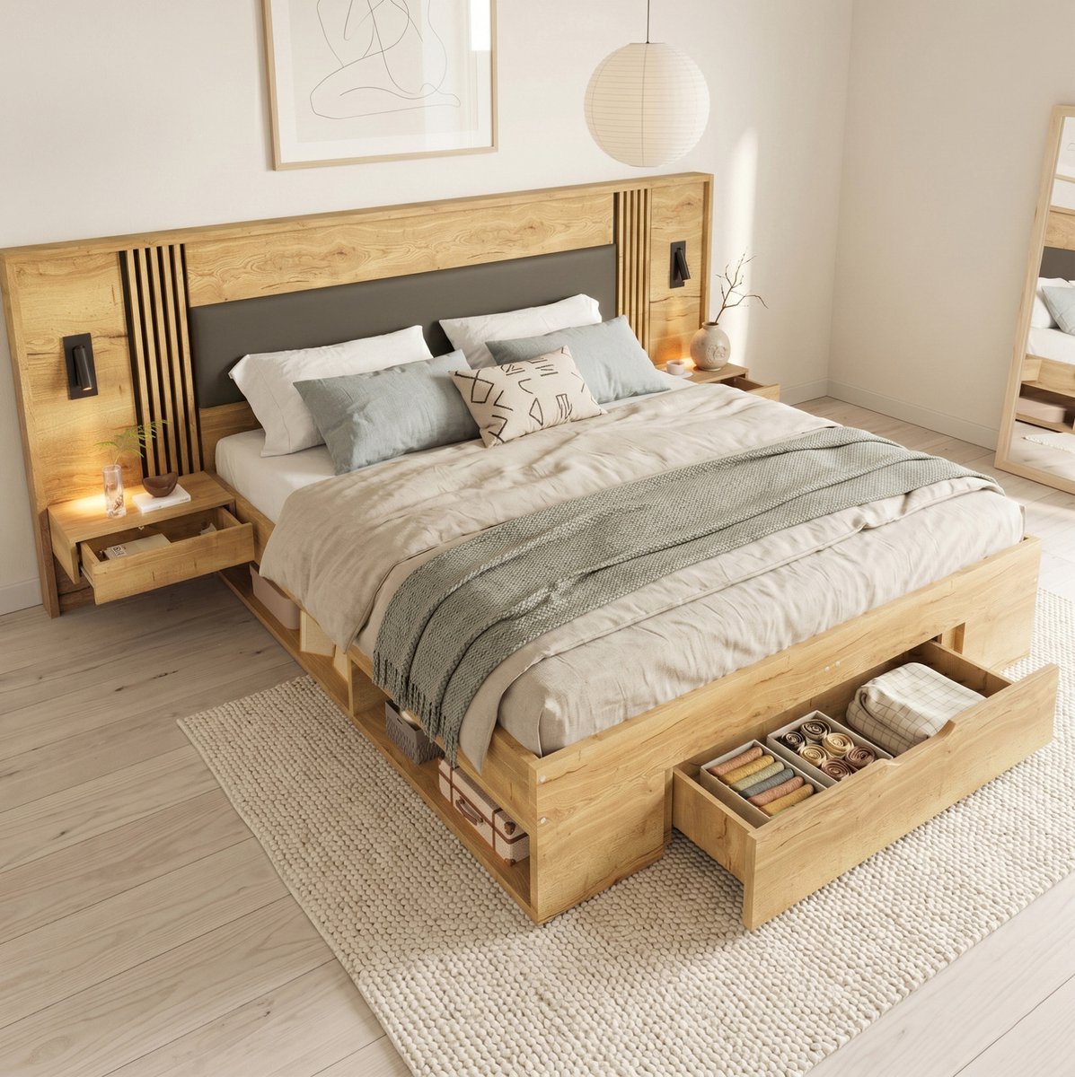 MEUNIQ tweepersoons bed 180x200 cm met lattenbodem, opbergruimte, 2 nachtkastjes en 2 leeslampen, bedframe voor slaapkamer, naturel Natural