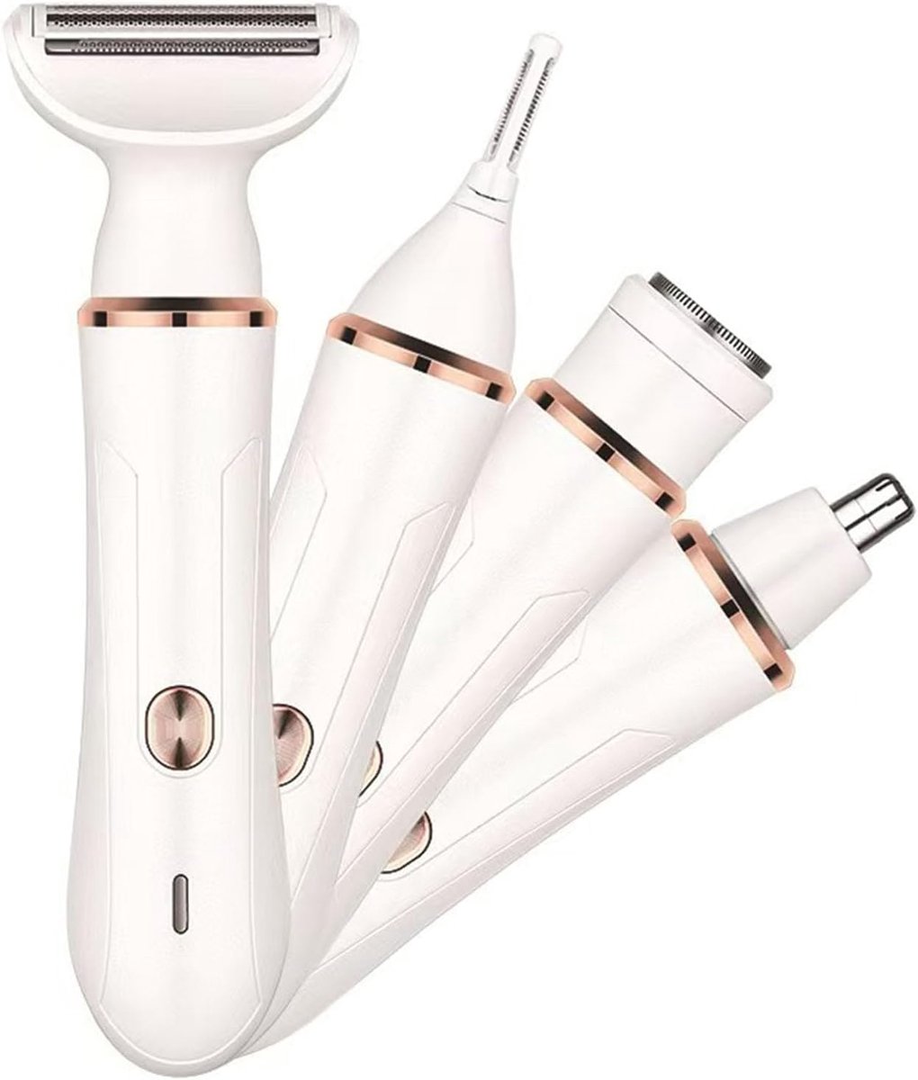 Elektrisch scheerapparaat voor vrouwen, 4-in-1 gezichts- en lichaamshaartrimmer met opzetstukken voor gezicht, neus, wenkbrauwen en lichaam, oplaadbaar via USB-C, geschikt voor nat en droog gebruik, draagbare beautykit (wit)