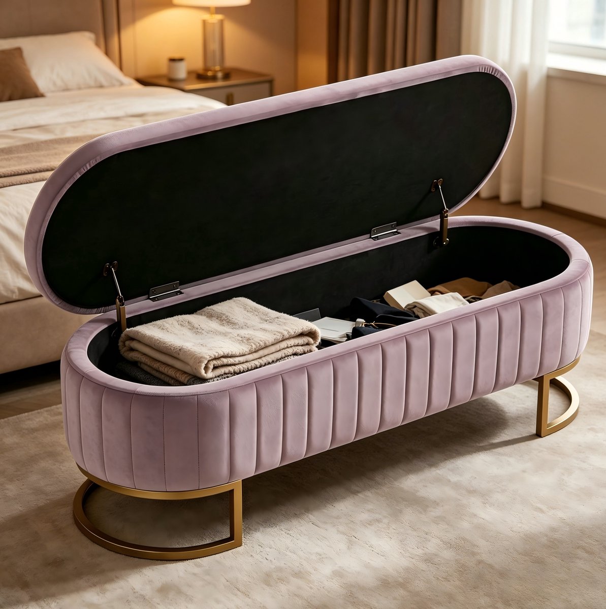 HAUSS SPOLE Opbergbank - Fluwelen Zitbank Met Opbergruimte - Voor Slaapkamer Hal En Woonkamer - Hout En Metaal - 129,5 x 46 x 42 Cm - Roze