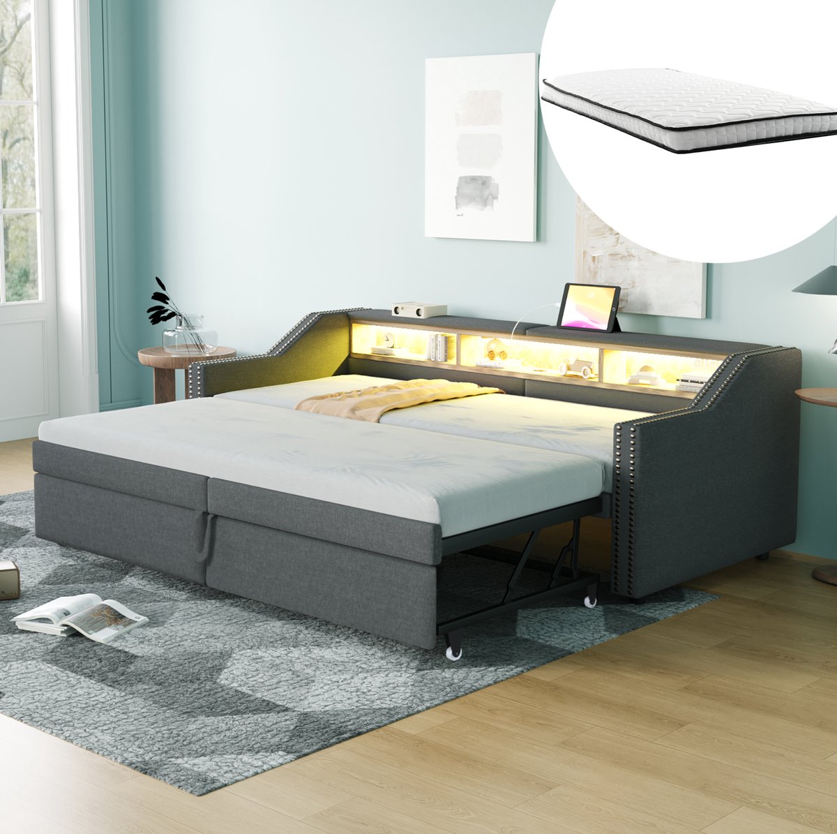 MEUNIQ uittrekbare slaapbank 90/180 x 200 cm met lattenbodem, 3 opbergvakken, LED en USB, met armleuningen en rugleuning voor slaapkamer of logeerkamer Donkergrijs