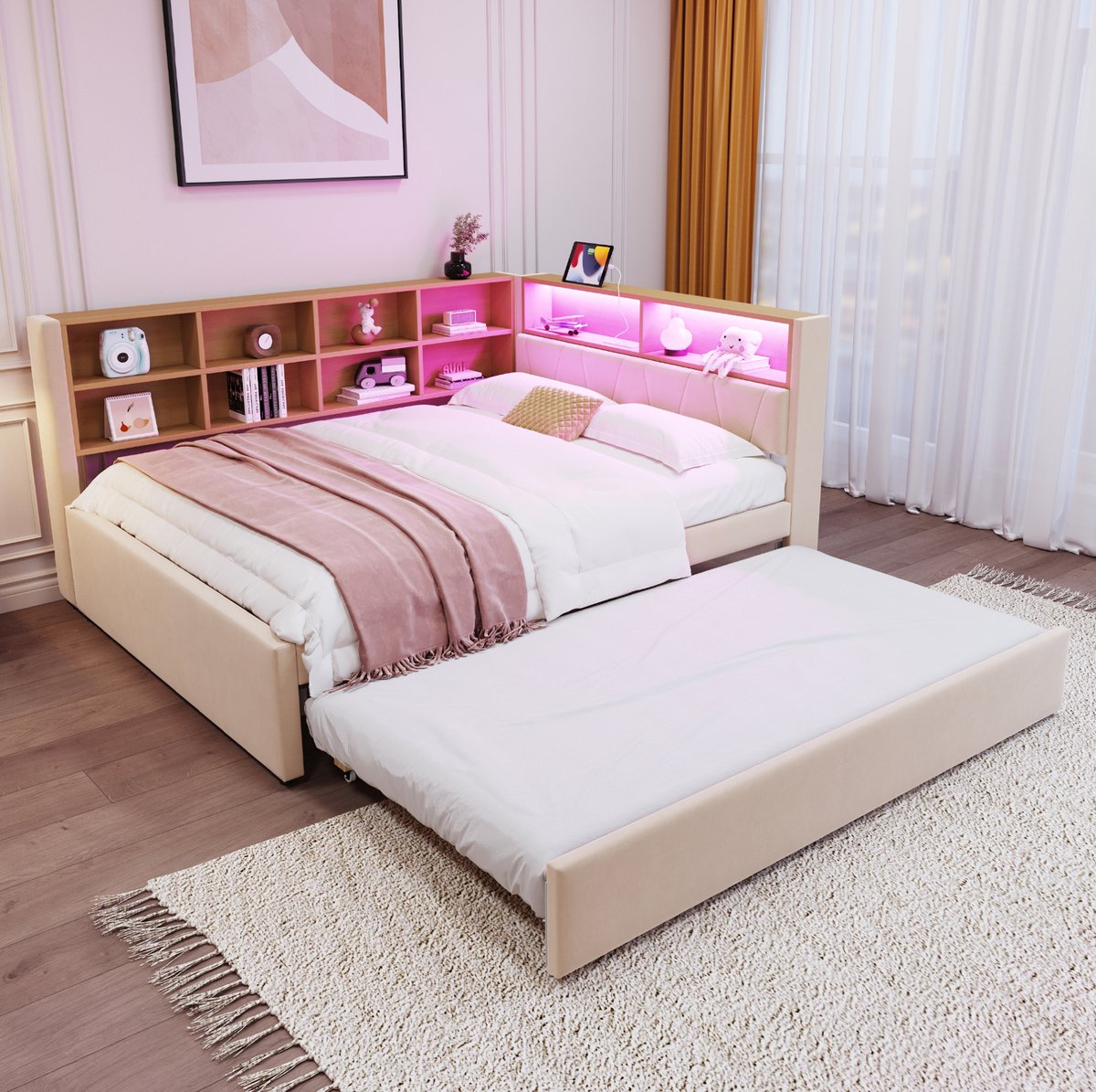 MEUNIQ slaapbank 140x200 cm met uitschuifbed 90x190 cm, LED-verlichting, USB en stopcontact, opbergvakken, gestoffeerd bed voor slaapkamer, beige