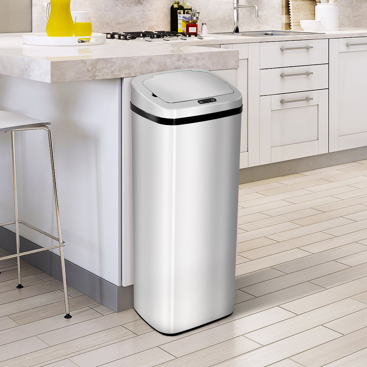 MEUNIQ sensorprullenbak 50 liter met deksel en automatische sensor, roestvrijstalen afvalemmer 84 x 33 x 25 cm voor keuken, kantoor of slaapkamer, zilver