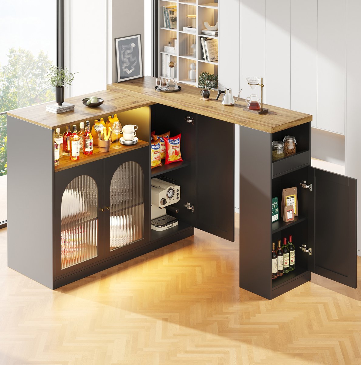 DESMIU Dressoir - 360 Graden Draaibaar Barmeubel Met Ledverlichting En Glazen Deur - Voor Keuken En Woonkamer - MDF - 197x39,6x100 Cm - Zwart