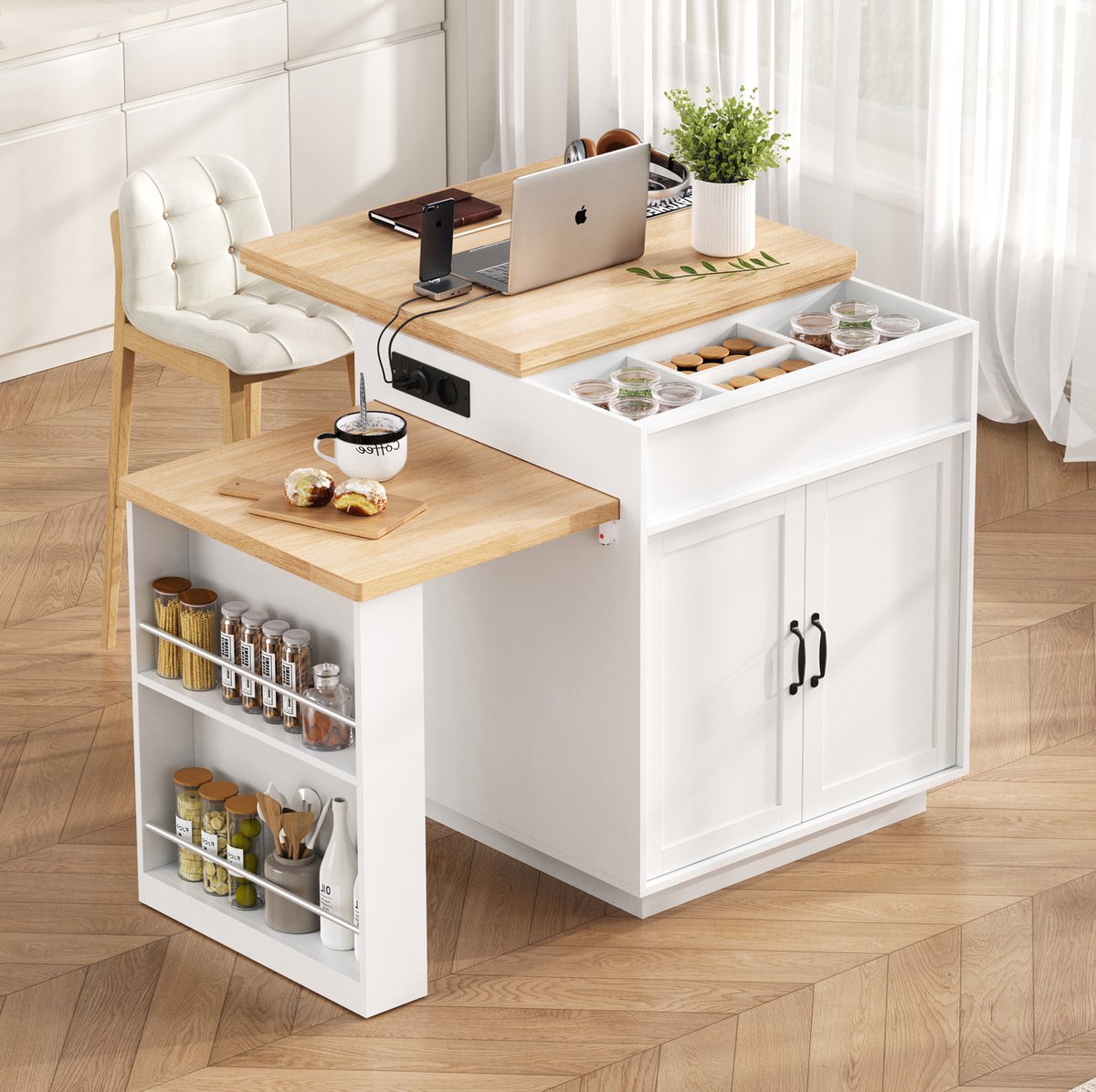 DESMIU Eettafel - Uitschuifbare Keukeneilandtafel Met LED En Oplaadpunt - Voor Keuken En Eetkamer - MDF - 125,5-187,5x71x93 Cm - Wit