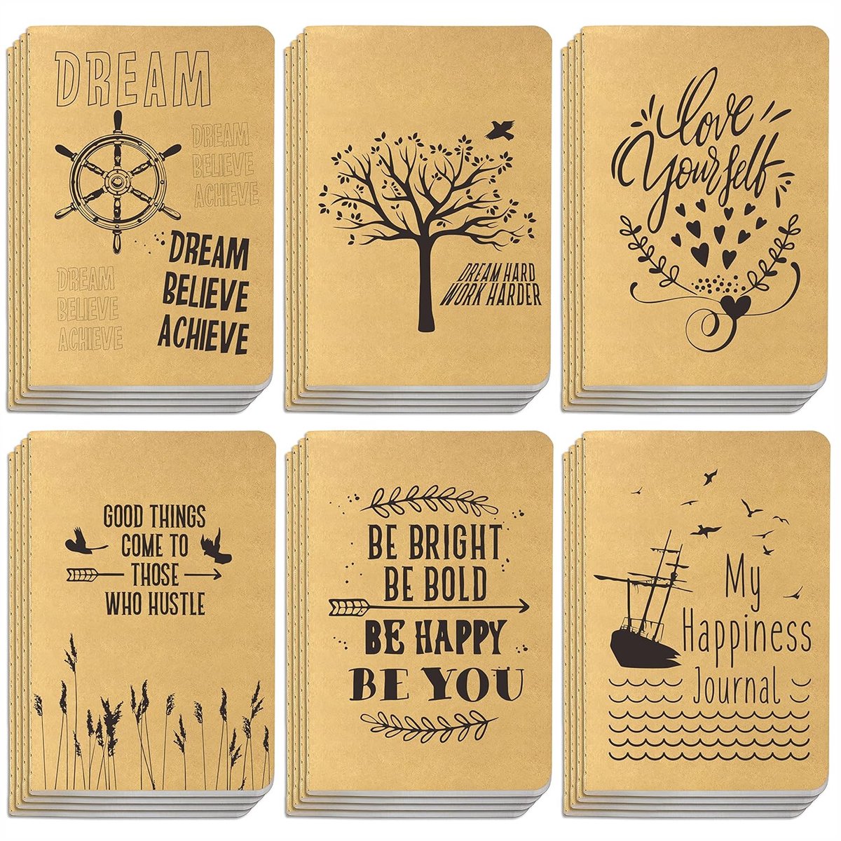 SnelShoppen - Set van 24 Lined Kraft Notebooks - 6 Ontwerpen - Perfect voor Kantoor, Thuis, School of Zakelijk - 80 Pagina's - 10 x 14.5 cm - Draagbaa