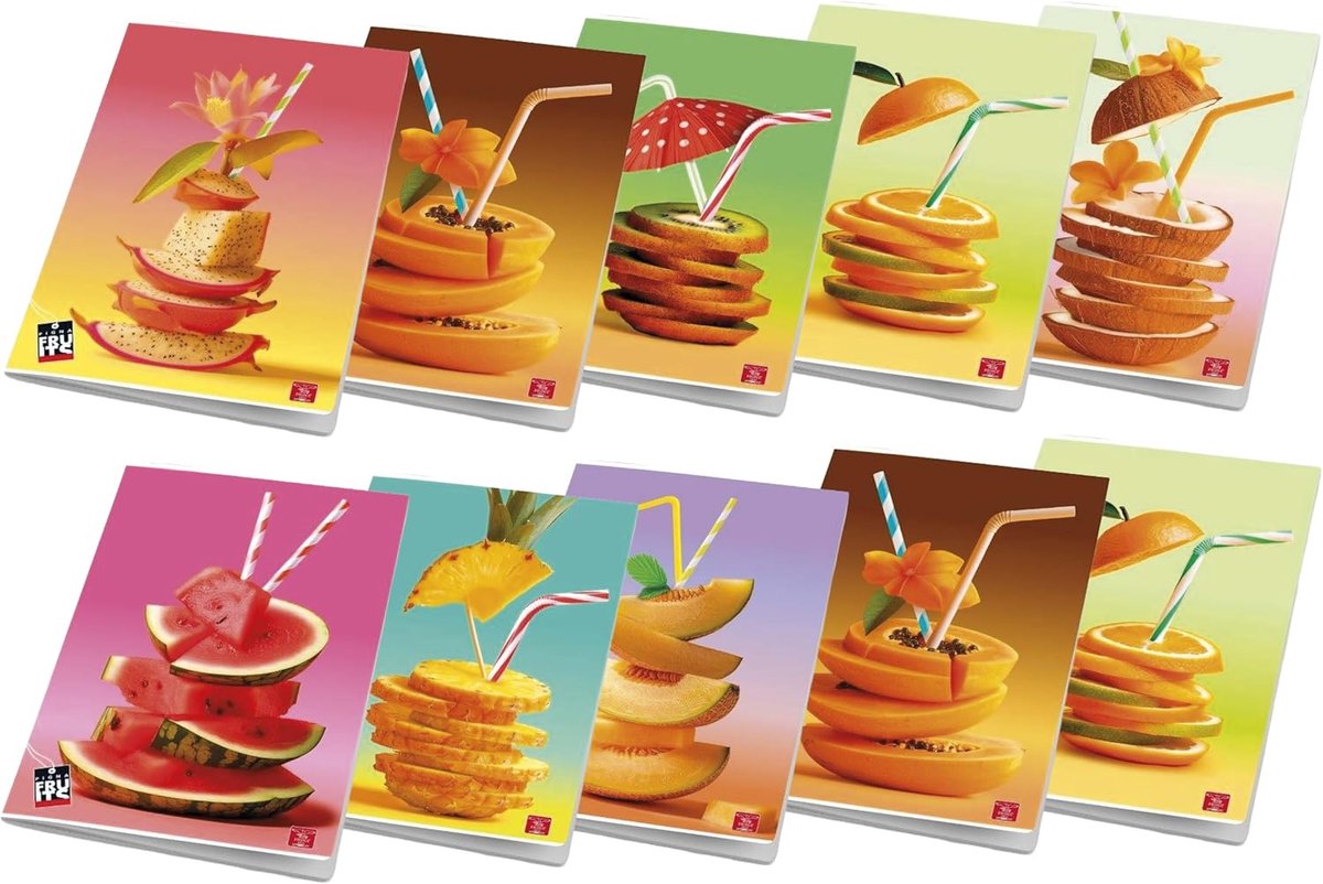 Maxi Notitieboeken - Schriften A4 - Dagelijks Gebruik - Fruitmotieven - 10 Stuks - Gemengde Kleuren